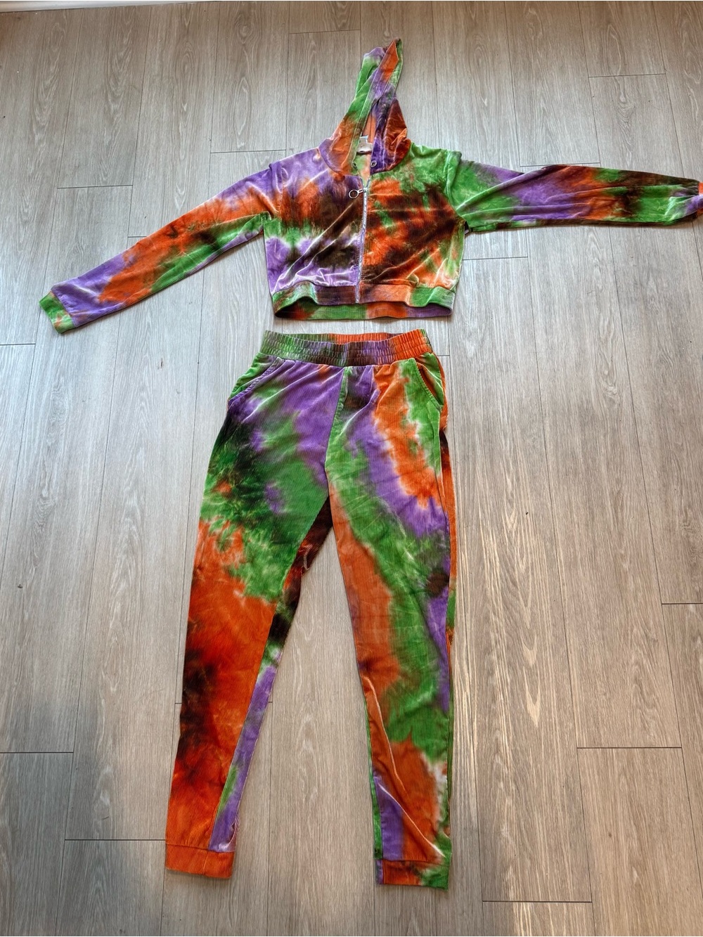 Cherry Mellow Tie-Dye Hooded Jogger Set - Green, Orange & Purple